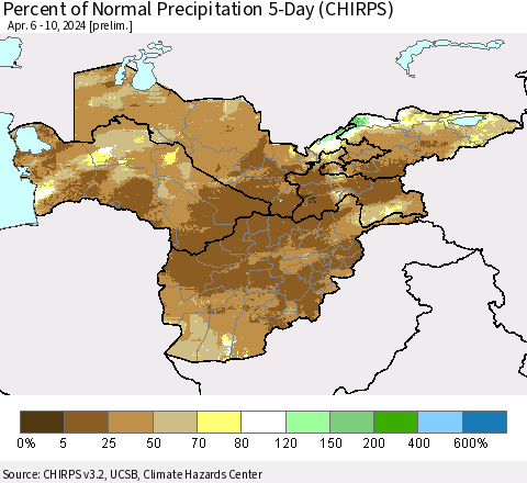 Central Asia Percent of Normal Precipitation 5-Day (CHIRPS) Thematic Map For 4/6/2024 - 4/10/2024