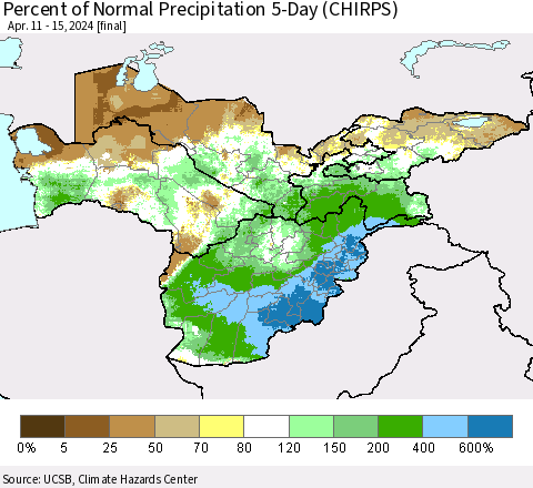 Central Asia Percent of Normal Precipitation 5-Day (CHIRPS) Thematic Map For 4/11/2024 - 4/15/2024