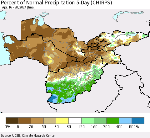 Central Asia Percent of Normal Precipitation 5-Day (CHIRPS) Thematic Map For 4/16/2024 - 4/20/2024