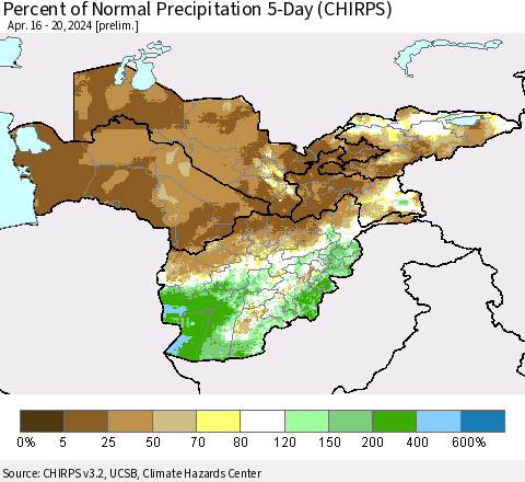 Central Asia Percent of Normal Precipitation 5-Day (CHIRPS) Thematic Map For 4/16/2024 - 4/20/2024