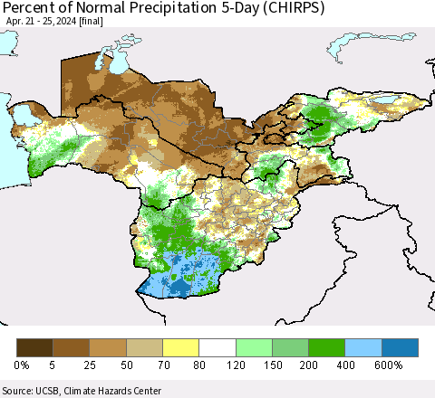 Central Asia Percent of Normal Precipitation 5-Day (CHIRPS) Thematic Map For 4/21/2024 - 4/25/2024