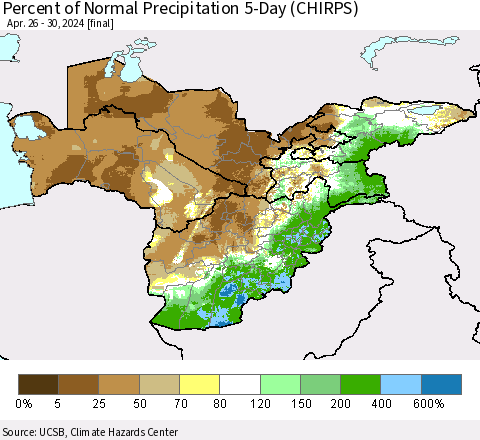 Central Asia Percent of Normal Precipitation 5-Day (CHIRPS) Thematic Map For 4/26/2024 - 4/30/2024