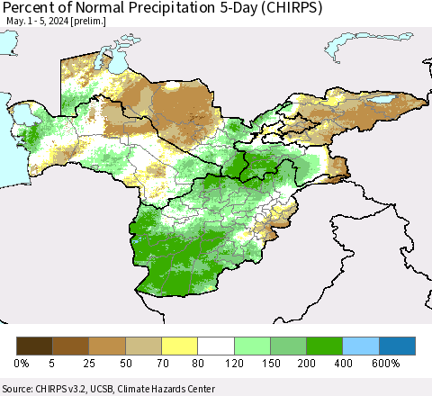 Central Asia Percent of Normal Precipitation 5-Day (CHIRPS) Thematic Map For 5/1/2024 - 5/5/2024