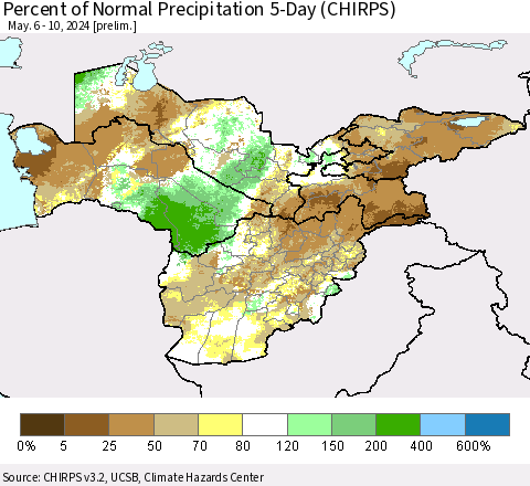 Central Asia Percent of Normal Precipitation 5-Day (CHIRPS) Thematic Map For 5/6/2024 - 5/10/2024