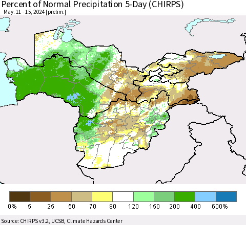 Central Asia Percent of Normal Precipitation 5-Day (CHIRPS) Thematic Map For 5/11/2024 - 5/15/2024