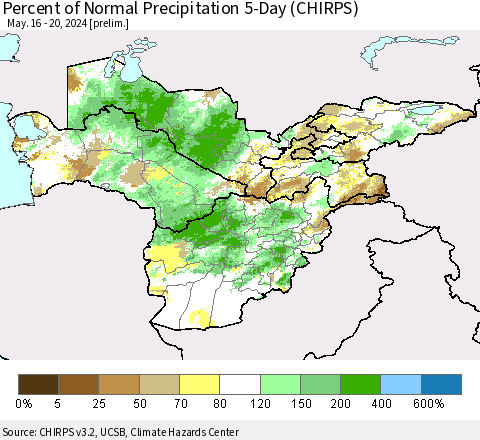 Central Asia Percent of Normal Precipitation 5-Day (CHIRPS) Thematic Map For 5/16/2024 - 5/20/2024