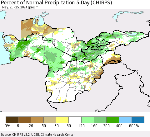 Central Asia Percent of Normal Precipitation 5-Day (CHIRPS) Thematic Map For 5/21/2024 - 5/25/2024