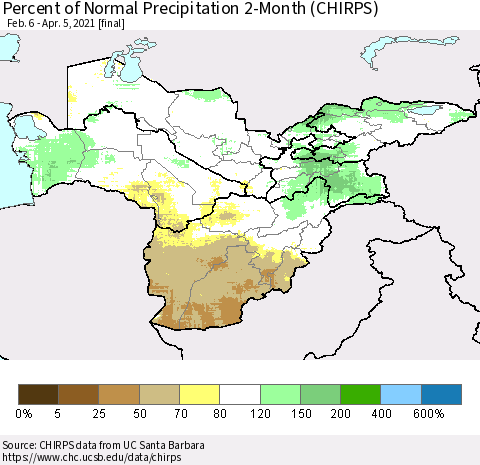 Central Asia Percent of Normal Precipitation 2-Month (CHIRPS) Thematic Map For 2/6/2021 - 4/5/2021