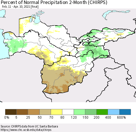 Central Asia Percent of Normal Precipitation 2-Month (CHIRPS) Thematic Map For 2/11/2021 - 4/10/2021