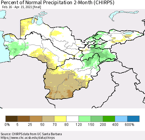 Central Asia Percent of Normal Precipitation 2-Month (CHIRPS) Thematic Map For 2/16/2021 - 4/15/2021