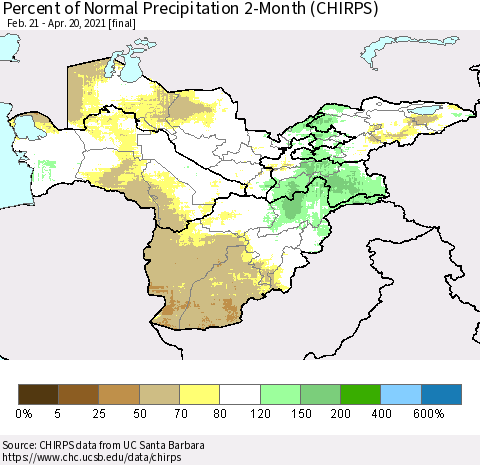 Central Asia Percent of Normal Precipitation 2-Month (CHIRPS) Thematic Map For 2/21/2021 - 4/20/2021