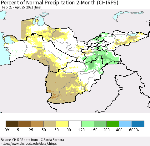 Central Asia Percent of Normal Precipitation 2-Month (CHIRPS) Thematic Map For 2/26/2021 - 4/25/2021