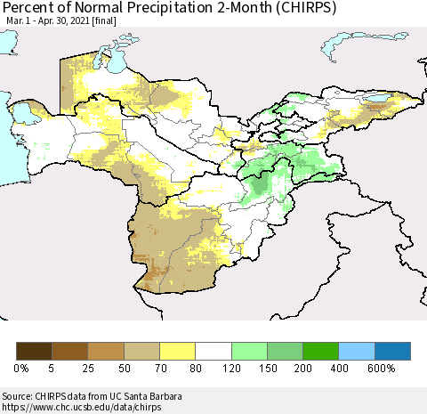 Central Asia Percent of Normal Precipitation 2-Month (CHIRPS) Thematic Map For 3/1/2021 - 4/30/2021