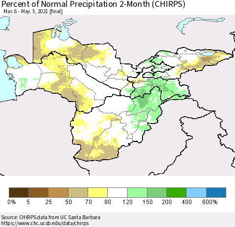 Central Asia Percent of Normal Precipitation 2-Month (CHIRPS) Thematic Map For 3/6/2021 - 5/5/2021