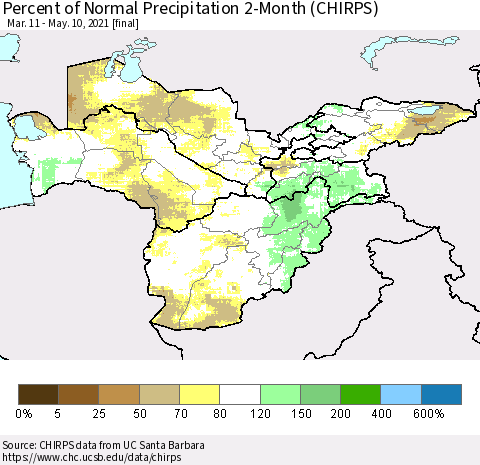 Central Asia Percent of Normal Precipitation 2-Month (CHIRPS) Thematic Map For 3/11/2021 - 5/10/2021