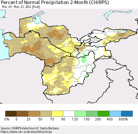 Central Asia Percent of Normal Precipitation 2-Month (CHIRPS) Thematic Map For 3/16/2021 - 5/15/2021