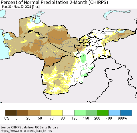 Central Asia Percent of Normal Precipitation 2-Month (CHIRPS) Thematic Map For 3/21/2021 - 5/20/2021