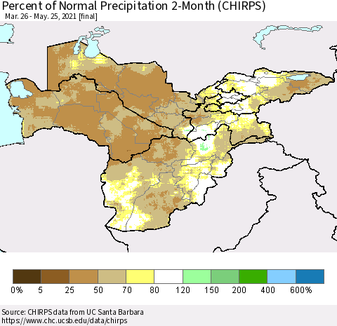 Central Asia Percent of Normal Precipitation 2-Month (CHIRPS) Thematic Map For 3/26/2021 - 5/25/2021