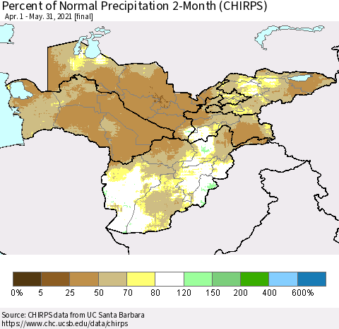 Central Asia Percent of Normal Precipitation 2-Month (CHIRPS) Thematic Map For 4/1/2021 - 5/31/2021