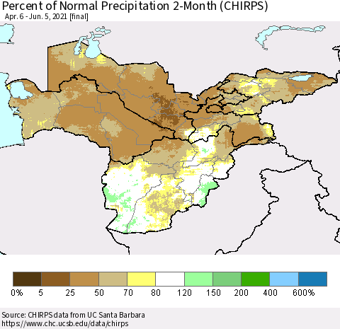 Central Asia Percent of Normal Precipitation 2-Month (CHIRPS) Thematic Map For 4/6/2021 - 6/5/2021