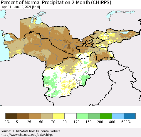 Central Asia Percent of Normal Precipitation 2-Month (CHIRPS) Thematic Map For 4/11/2021 - 6/10/2021