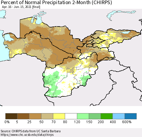 Central Asia Percent of Normal Precipitation 2-Month (CHIRPS) Thematic Map For 4/16/2021 - 6/15/2021
