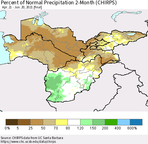 Central Asia Percent of Normal Precipitation 2-Month (CHIRPS) Thematic Map For 4/21/2021 - 6/20/2021