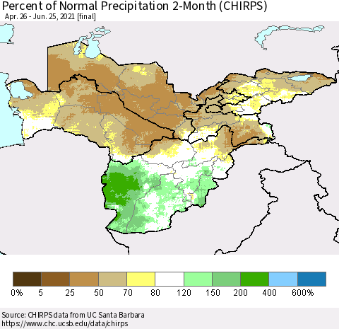 Central Asia Percent of Normal Precipitation 2-Month (CHIRPS) Thematic Map For 4/26/2021 - 6/25/2021