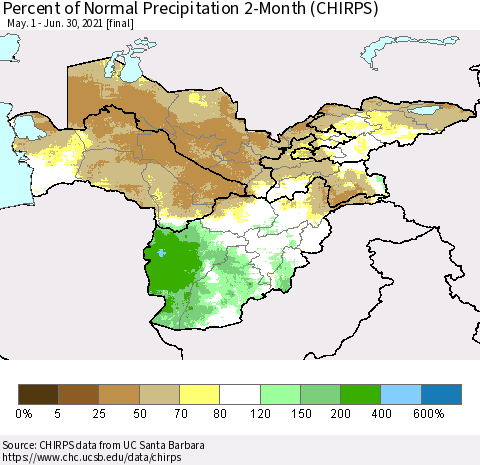 Central Asia Percent of Normal Precipitation 2-Month (CHIRPS) Thematic Map For 5/1/2021 - 6/30/2021
