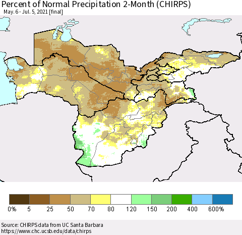 Central Asia Percent of Normal Precipitation 2-Month (CHIRPS) Thematic Map For 5/6/2021 - 7/5/2021