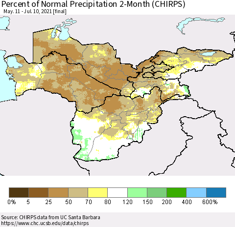 Central Asia Percent of Normal Precipitation 2-Month (CHIRPS) Thematic Map For 5/11/2021 - 7/10/2021