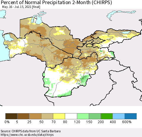 Central Asia Percent of Normal Precipitation 2-Month (CHIRPS) Thematic Map For 5/16/2021 - 7/15/2021