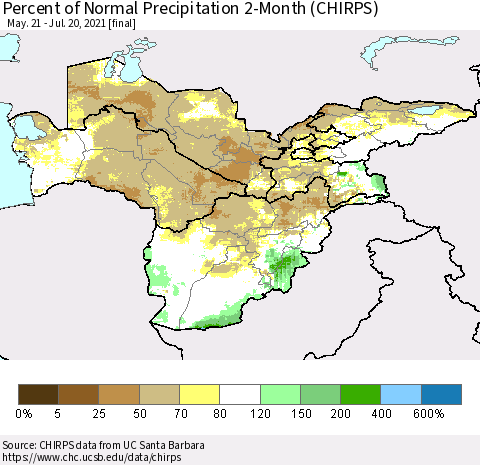 Central Asia Percent of Normal Precipitation 2-Month (CHIRPS) Thematic Map For 5/21/2021 - 7/20/2021