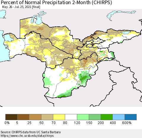 Central Asia Percent of Normal Precipitation 2-Month (CHIRPS) Thematic Map For 5/26/2021 - 7/25/2021