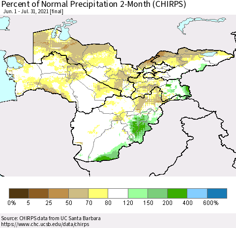 Central Asia Percent of Normal Precipitation 2-Month (CHIRPS) Thematic Map For 6/1/2021 - 7/31/2021