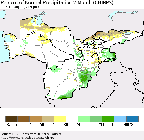 Central Asia Percent of Normal Precipitation 2-Month (CHIRPS) Thematic Map For 6/11/2021 - 8/10/2021