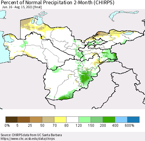 Central Asia Percent of Normal Precipitation 2-Month (CHIRPS) Thematic Map For 6/16/2021 - 8/15/2021