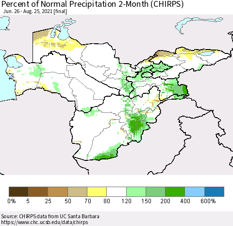 Central Asia Percent of Normal Precipitation 2-Month (CHIRPS) Thematic Map For 6/26/2021 - 8/25/2021