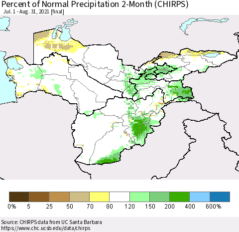 Central Asia Percent of Normal Precipitation 2-Month (CHIRPS) Thematic Map For 7/1/2021 - 8/31/2021