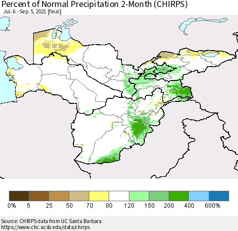 Central Asia Percent of Normal Precipitation 2-Month (CHIRPS) Thematic Map For 7/6/2021 - 9/5/2021