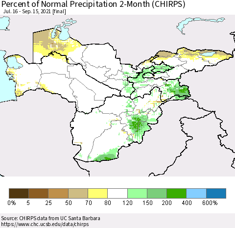 Central Asia Percent of Normal Precipitation 2-Month (CHIRPS) Thematic Map For 7/16/2021 - 9/15/2021