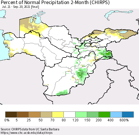 Central Asia Percent of Normal Precipitation 2-Month (CHIRPS) Thematic Map For 7/21/2021 - 9/20/2021