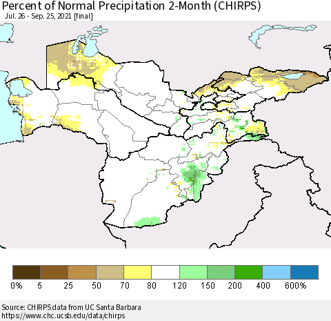 Central Asia Percent of Normal Precipitation 2-Month (CHIRPS) Thematic Map For 7/26/2021 - 9/25/2021