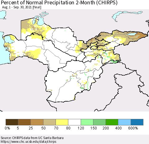 Central Asia Percent of Normal Precipitation 2-Month (CHIRPS) Thematic Map For 8/1/2021 - 9/30/2021
