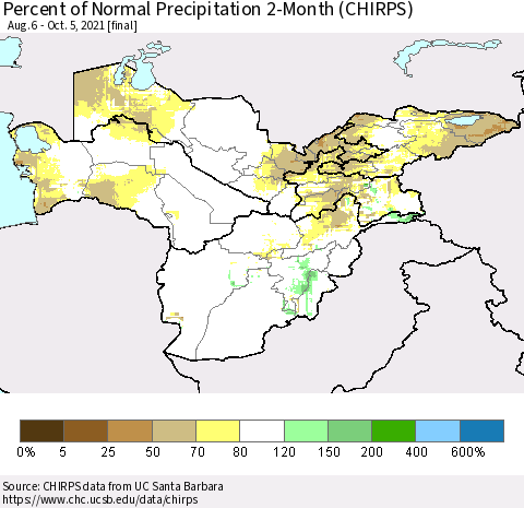 Central Asia Percent of Normal Precipitation 2-Month (CHIRPS) Thematic Map For 8/6/2021 - 10/5/2021