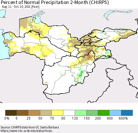 Central Asia Percent of Normal Precipitation 2-Month (CHIRPS) Thematic Map For 8/11/2021 - 10/10/2021