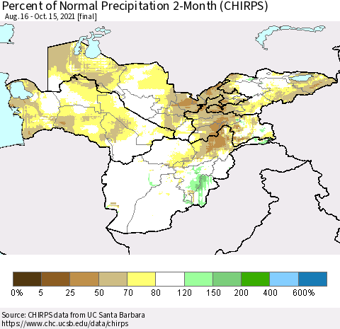 Central Asia Percent of Normal Precipitation 2-Month (CHIRPS) Thematic Map For 8/16/2021 - 10/15/2021