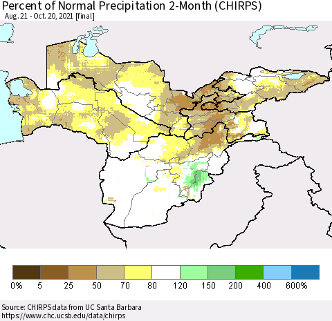 Central Asia Percent of Normal Precipitation 2-Month (CHIRPS) Thematic Map For 8/21/2021 - 10/20/2021