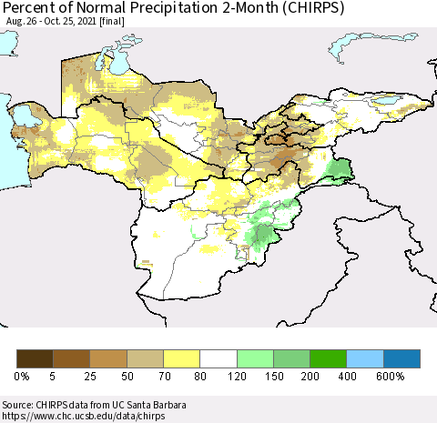 Central Asia Percent of Normal Precipitation 2-Month (CHIRPS) Thematic Map For 8/26/2021 - 10/25/2021