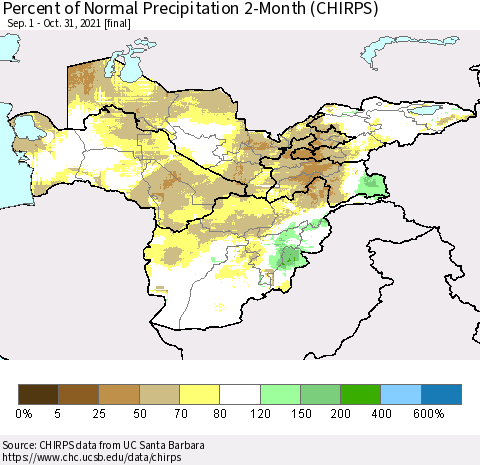 Central Asia Percent of Normal Precipitation 2-Month (CHIRPS) Thematic Map For 9/1/2021 - 10/31/2021